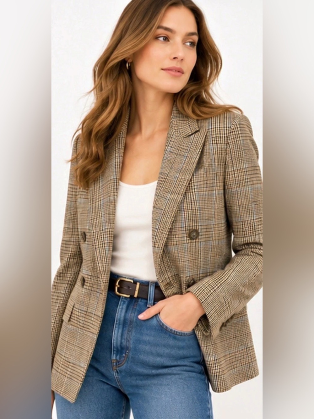 Lauren Ralph Lauren Vintage Glen Plaid Double Breasted Blazer Size 6 Brown Tan
